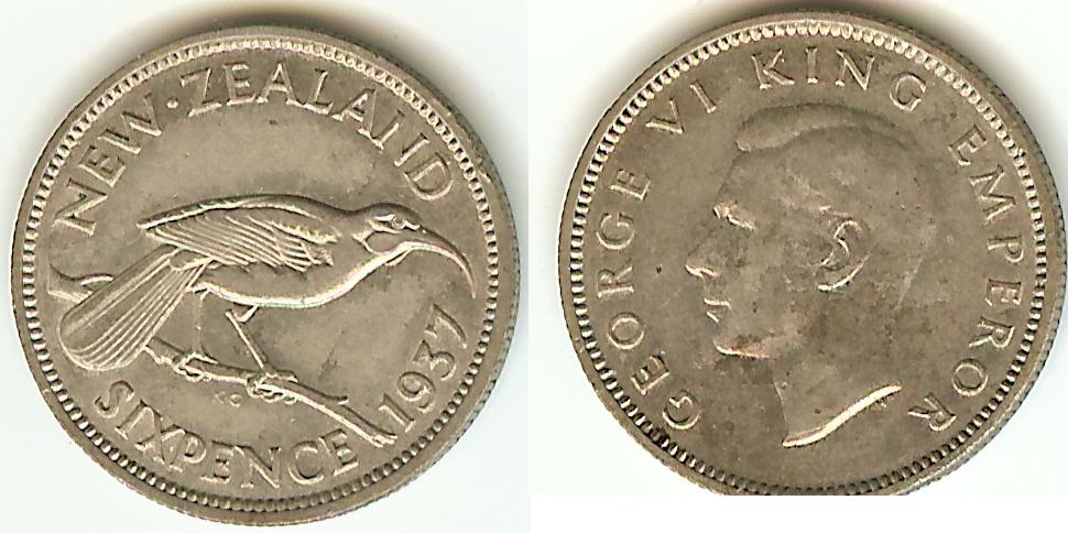 New Zealand 6 Pence 1937 gVF/AU+